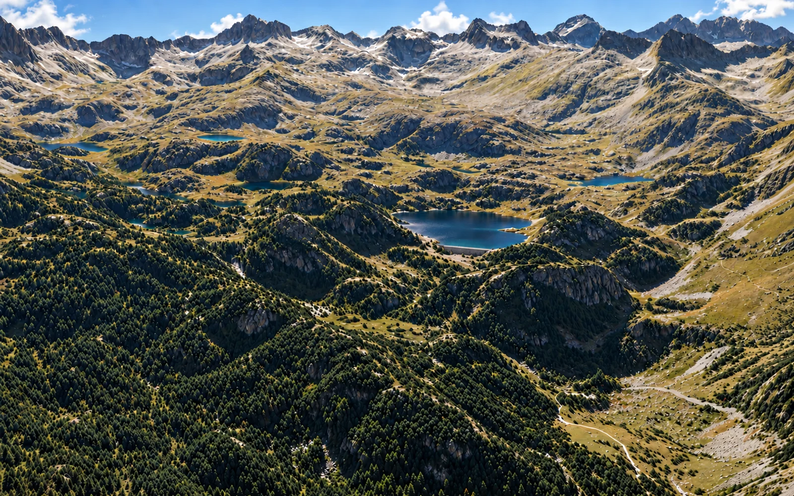Vista aérea ilustrada de Colomèrs y lagos, con 5 puntos señalados